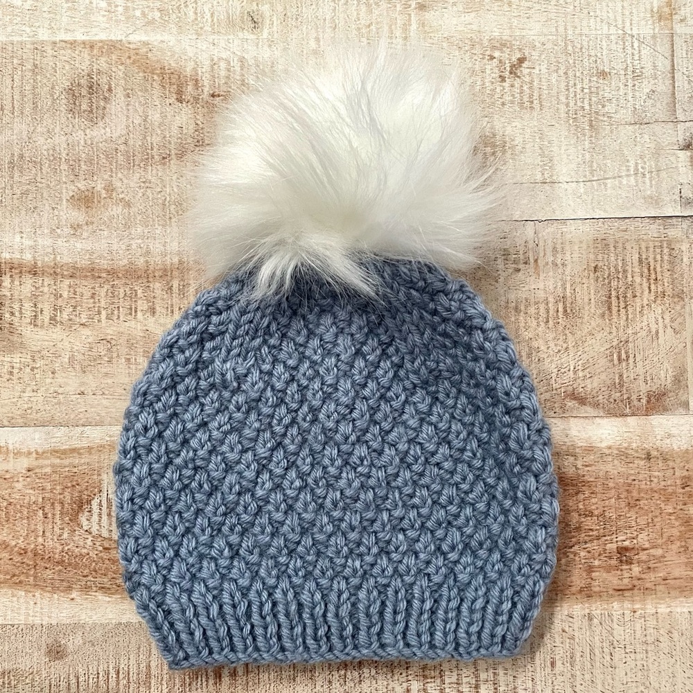 Handmade Knit Baby Hat with Pom Poms, Blue Chunky Beanie, Winter Gift Girl Boy